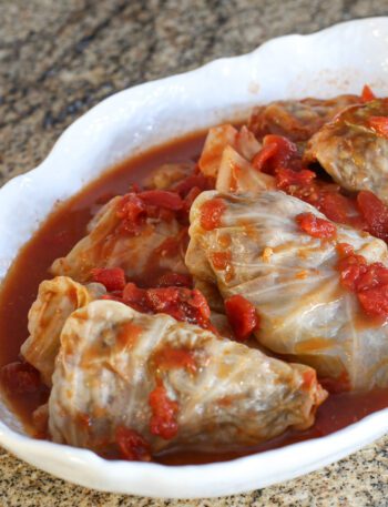 serving dish with cabbage rolls