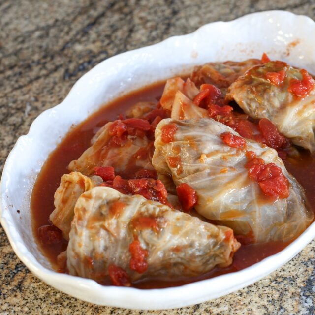 serving dish with cabbage rolls