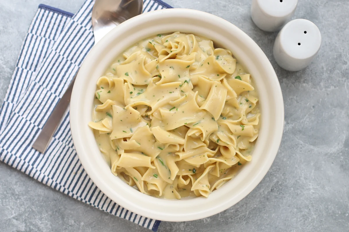 Cafeteria noodles in a large serving bowl, ready to enjoy!