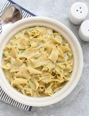 Cafeteria noodles in a large serving bowl, ready to enjoy!