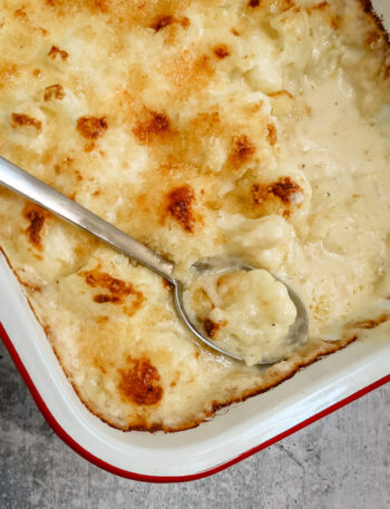 British cauliflower cheese in a baking dish.