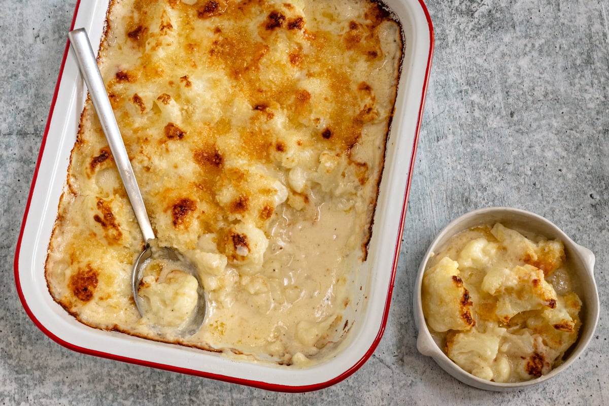 A baking dish with cauliflower cheese.