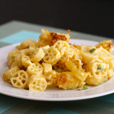 wagon wheel pasta and cheddar cheese bake, a serving on a plate