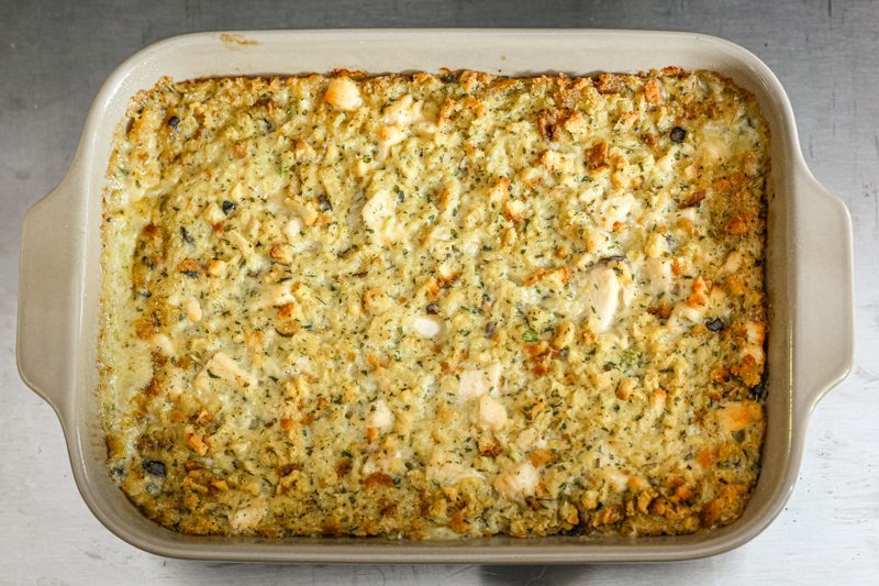 chicken and dressing casserole in a bakingdish