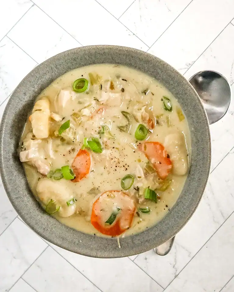 A bowl of chicken and gnocchi dumplings.