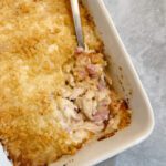 A baking dish with chicken casserole