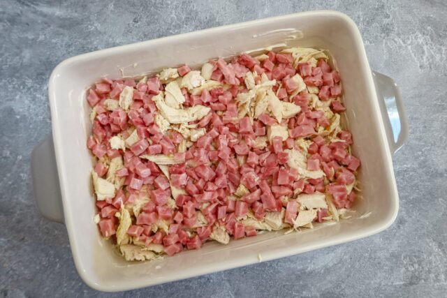 chcken and ham in the baking dish