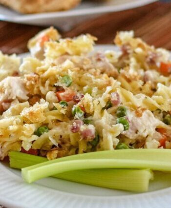 chicken and pasta casserole with ham and swiss cheese