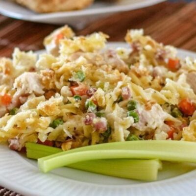 chicken and pasta casserole with ham and swiss cheese
