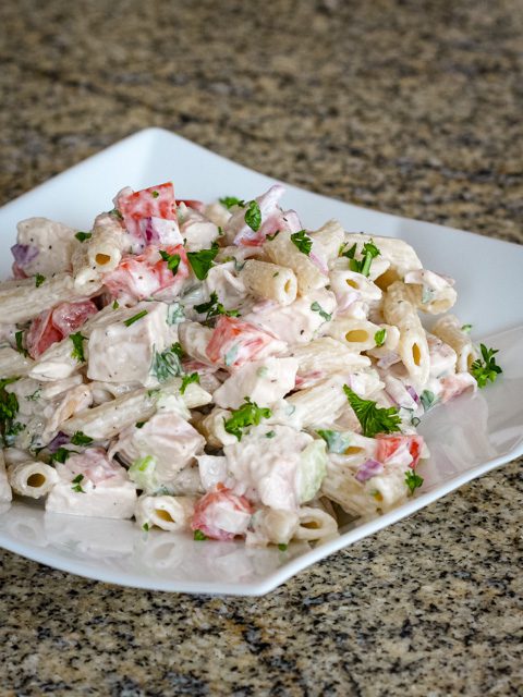 chicken pasta salad on a plate