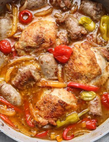 chicken scarpariello with chicken thighs, sausages, and peppers