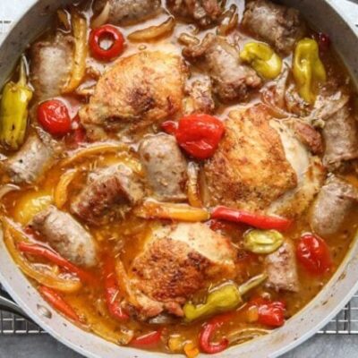 chicken scarpariello with chicken thighs, sausages, and peppers