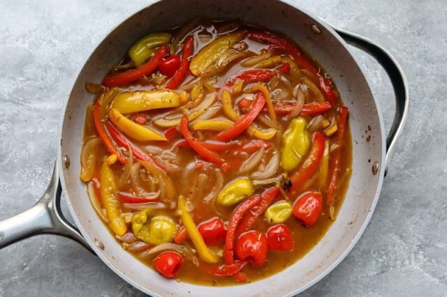 hot and sweet peppers in the skillet for chicken scarpariello