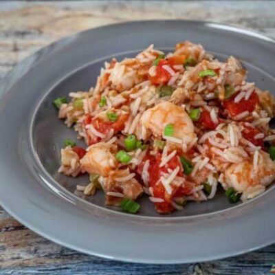 rice, shrimp, and chicken dish on a plate