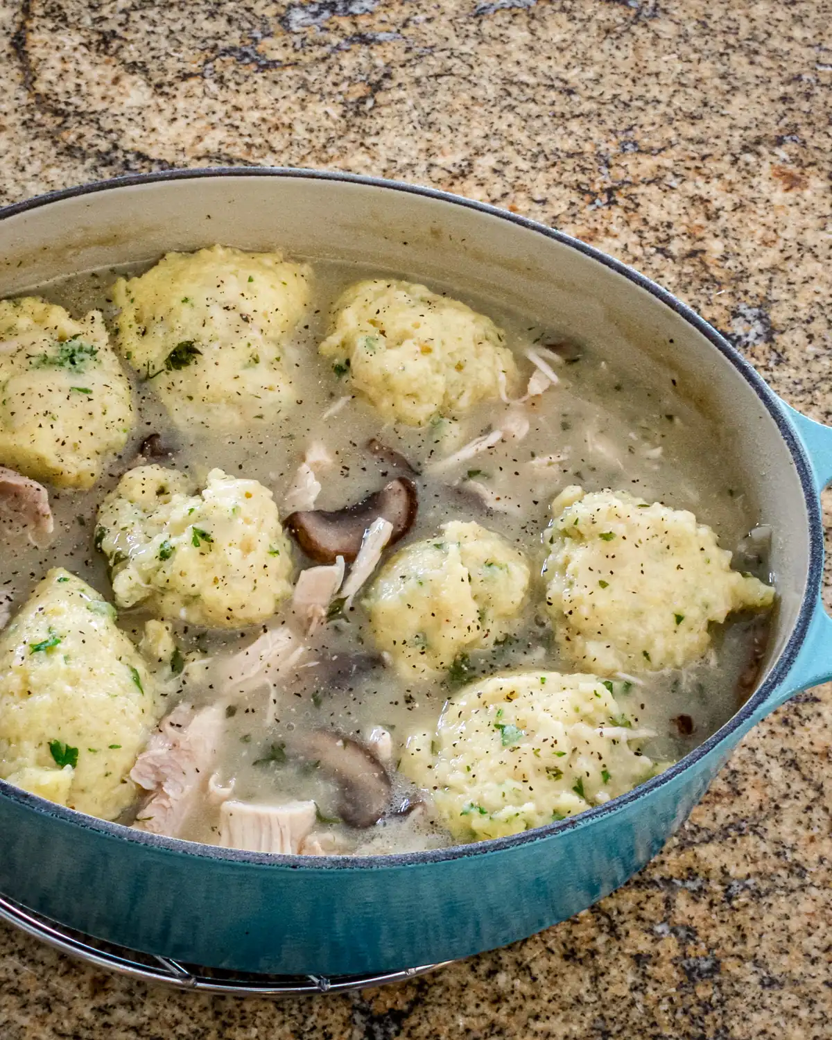 Savory chicken and dumplings simmering in a flavorful broth with mushrooms and herbs.