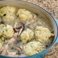 Chicken stew with mushrooms and cornmeal dumplings in a Dutch oven.