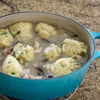 Savory chicken and meatball stew with herbs and vegetables in a creamy broth.