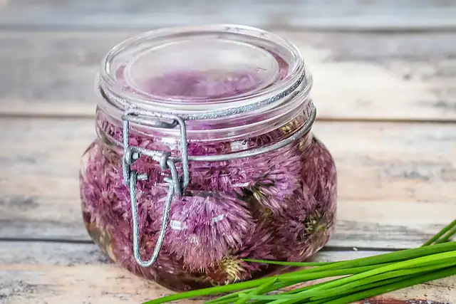 A jar of chive blossom vinegar.