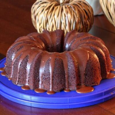 chocolate bundt cake on cake carrier tray