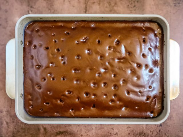 glazed or iced chocolate buttermilk cake.