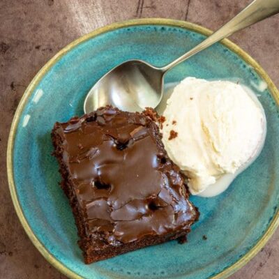chocolate buttermilk cake with ice cream on the side