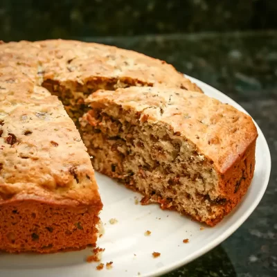 Homemade banana nut bread with visible nuts and moist texture.