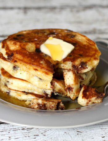 chocolate chip pancakes with butter and syrup