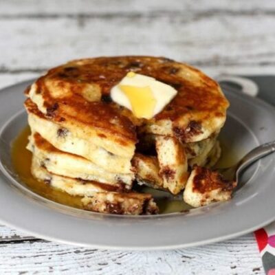 chocolate chip pancakes with butter and syrup
