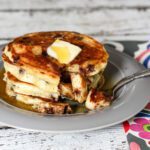 chocolate chip pancake on a serving plate