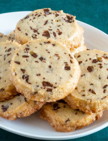 chocolate chip sablé cookies on a plate