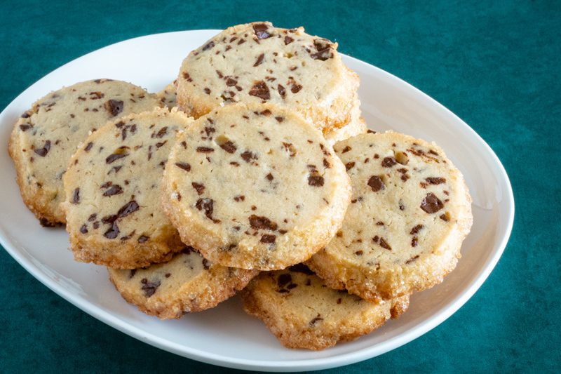 chocolate chip sablé cookies on a plate