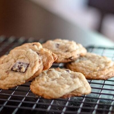 chocolate chunk cookie on a cooling rack