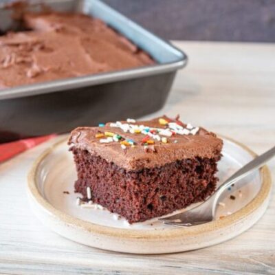 chocolate coconut oil cake slice on a plate with the frosted cake in the background
