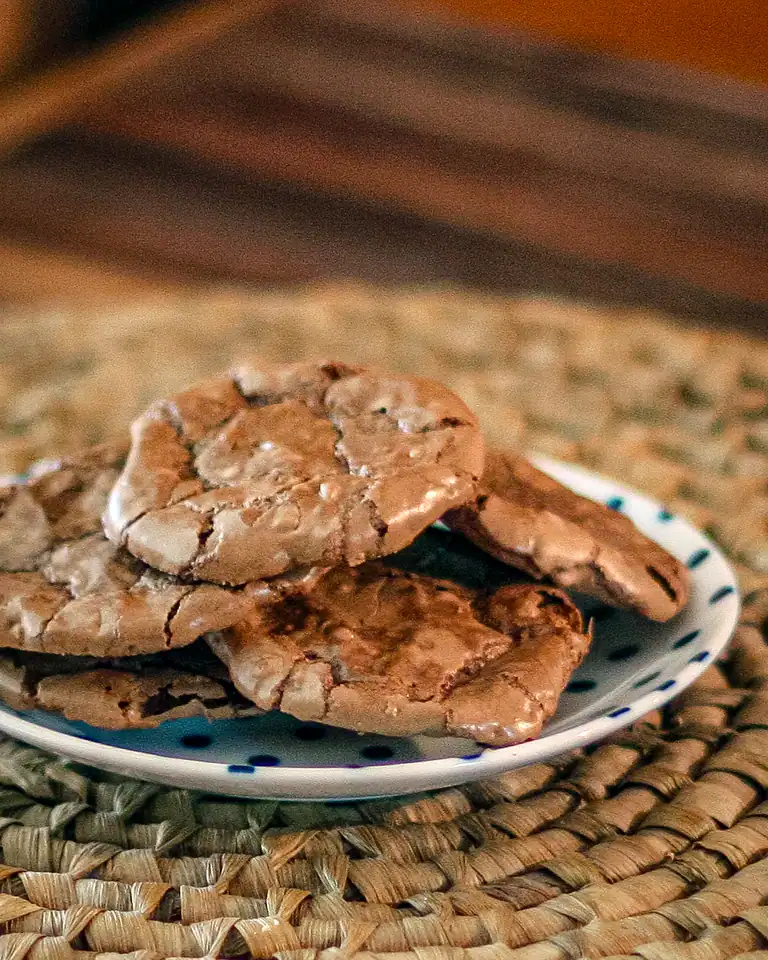 Chocolate chip cookies on a small plate.