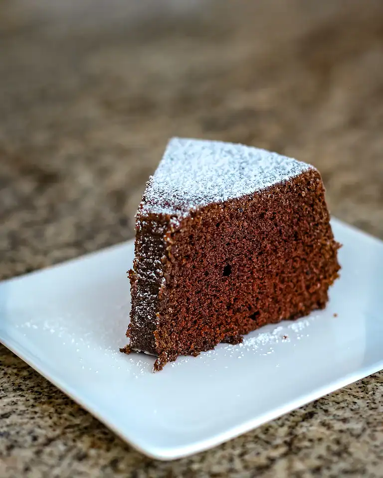 Rich chocolate cake sliced and dusted with powdered sugar in close-up.