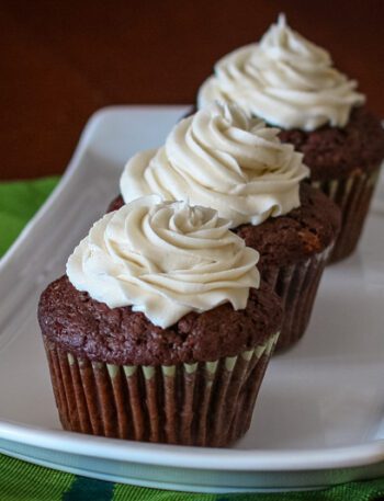 chocolate stout cupcakes on a serving tray