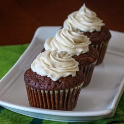chocolate stout cupcakes on a serving tray
