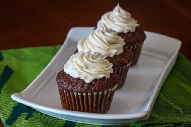 chocolate stout cupcakes on a serving tray