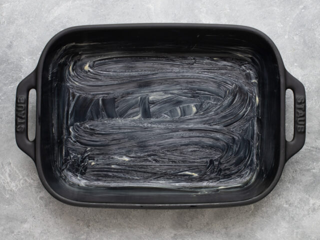 Greased baking dish for sausage quiche squares, for Classic Recipes.