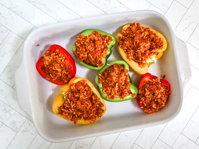 Stuffed bell peppers ready to bake.