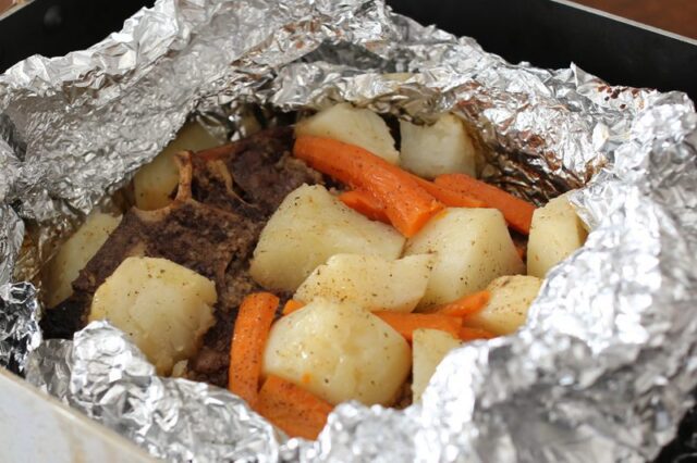 chuck steak and potatoes cooked in foil