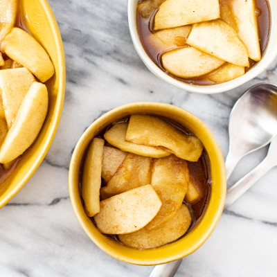Fresh baked apple slices in warm caramel sauce.