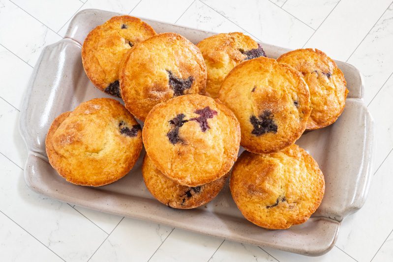tray of moist blueberry muffins