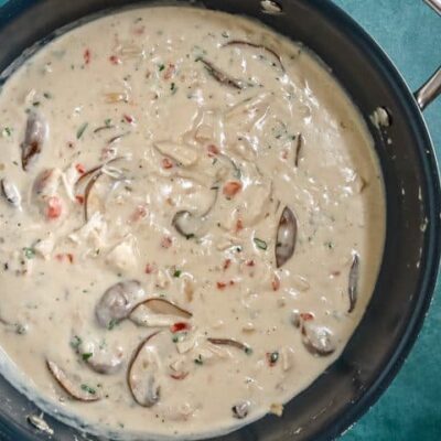 saucepan with chicken and mushrooms