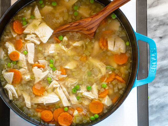 Dutch oven with chicken and rice soup