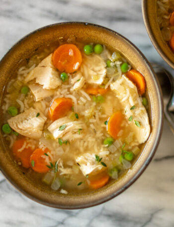 a bowl of chicken and rice soup