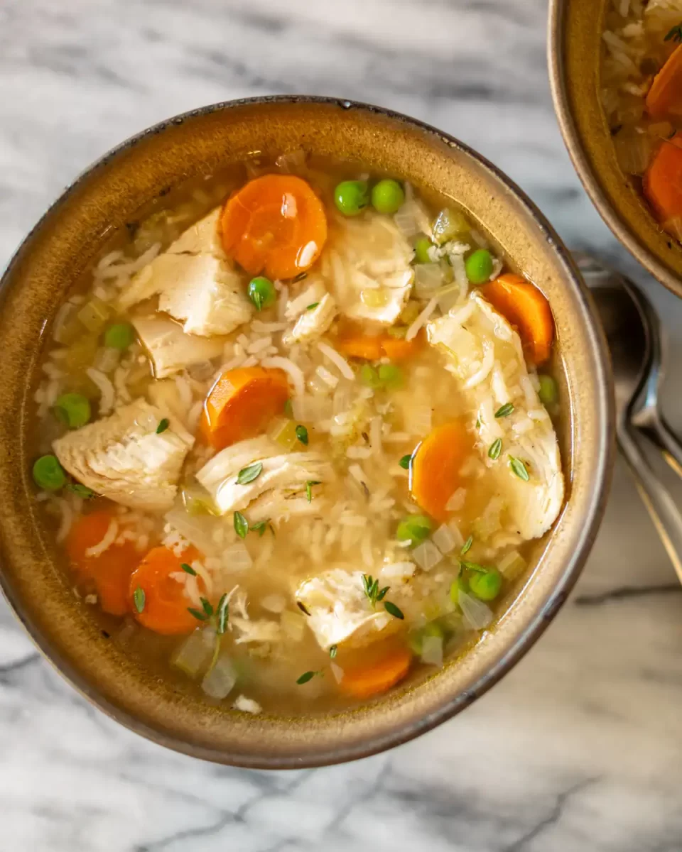 Creamy chicken and vegetable rice soup in a rustic bowl, with carrots, peas, and shredded chicken.