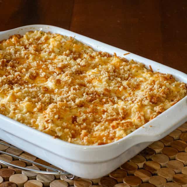 Hash brown casserole in a baking dish.
