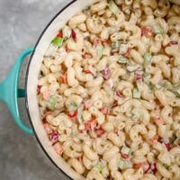 Classic macaroni salad with sweet relish and crunchy fresh vegetables