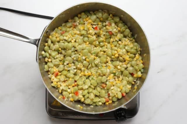 succotash prep in a saucepan.